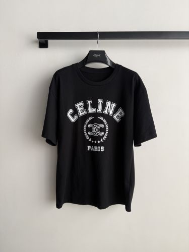 カレッジロゴ コットン 半袖Tシャツ セリーヌ Tシャツ 偽物 クルーネック ブラック