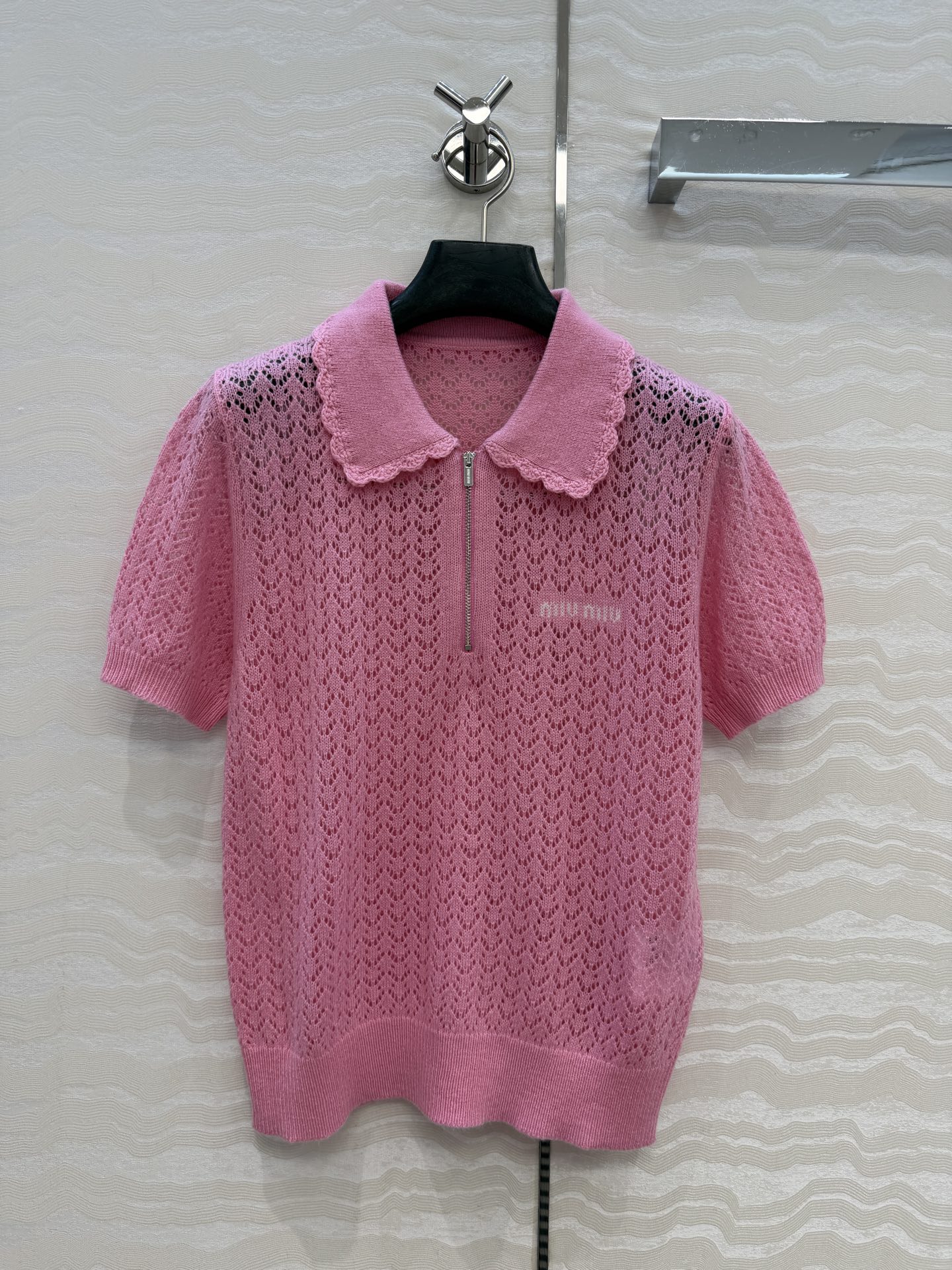 透かし編み ハーフジップ 半袖ニットポロ ミュウミュウ ニット 偽物 カシミヤ&シルク
