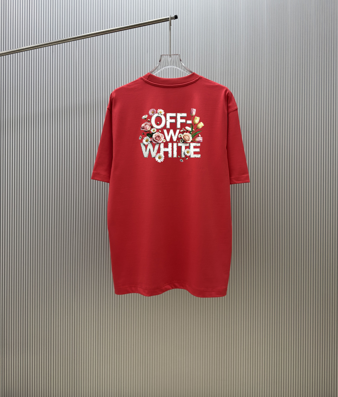 オフホワイト Tシャツ 偽物 カジュアル おしゃれ プリント 半袖Tシャツ レッド