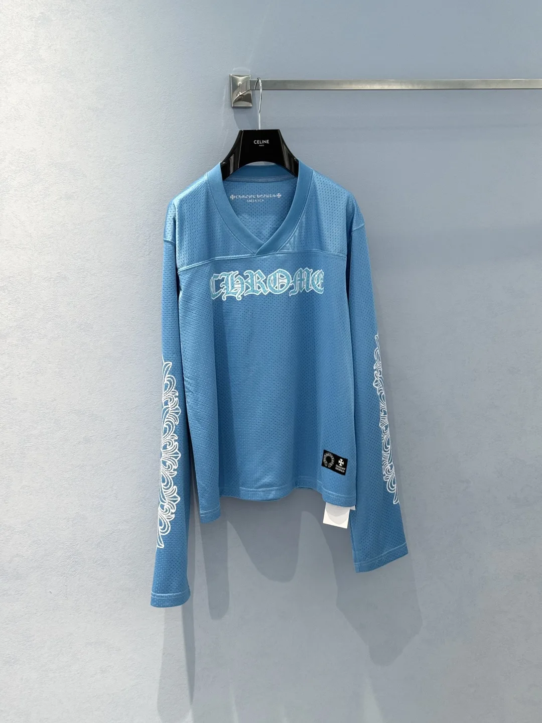 クロムハーツ Tシャツ 偽物 メッシュ Vネック長袖カットソー ブルー