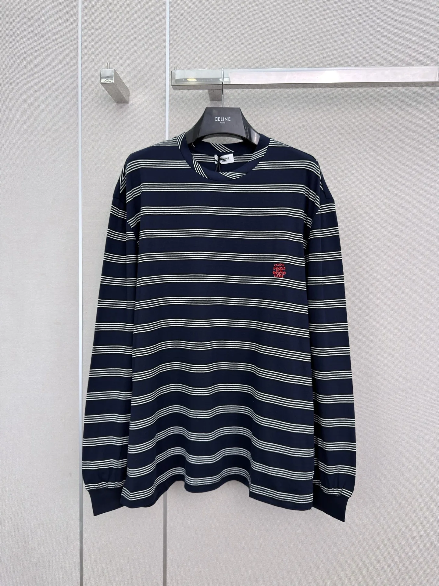 カジュアル ボーダー柄 刺繍入り セリーヌ Tシャツ 偽物 コットン 長袖Tシャツ