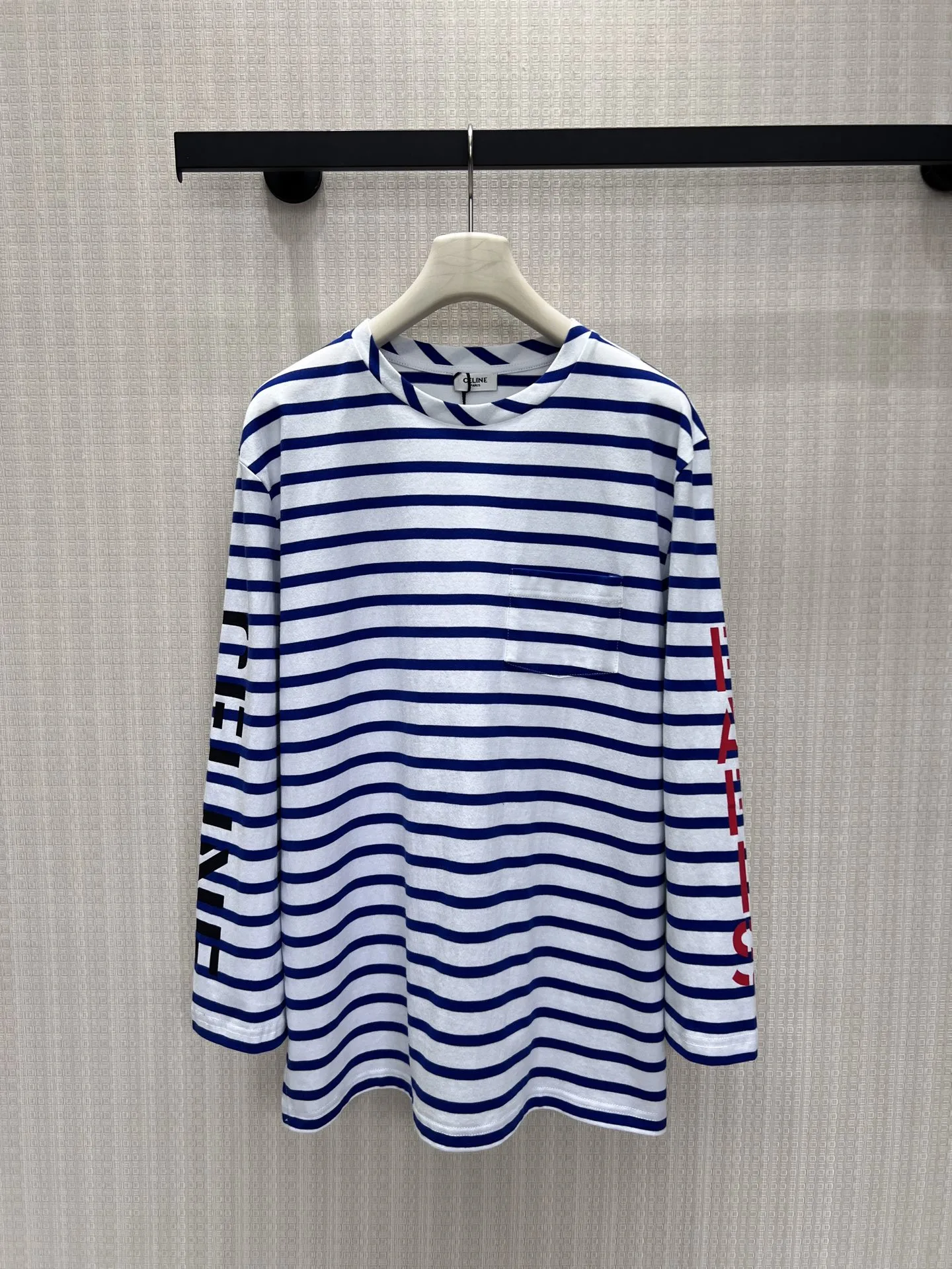 ボーダー柄 プリント入り 長袖Tシャツ セリーヌ Tシャツ 偽物 コットン