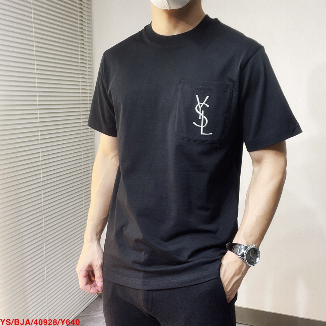 洗練された ミニマル クルーネック ロゴ 刺繍 イヴ・サンローラン Tシャツ コピー 半袖 トップス